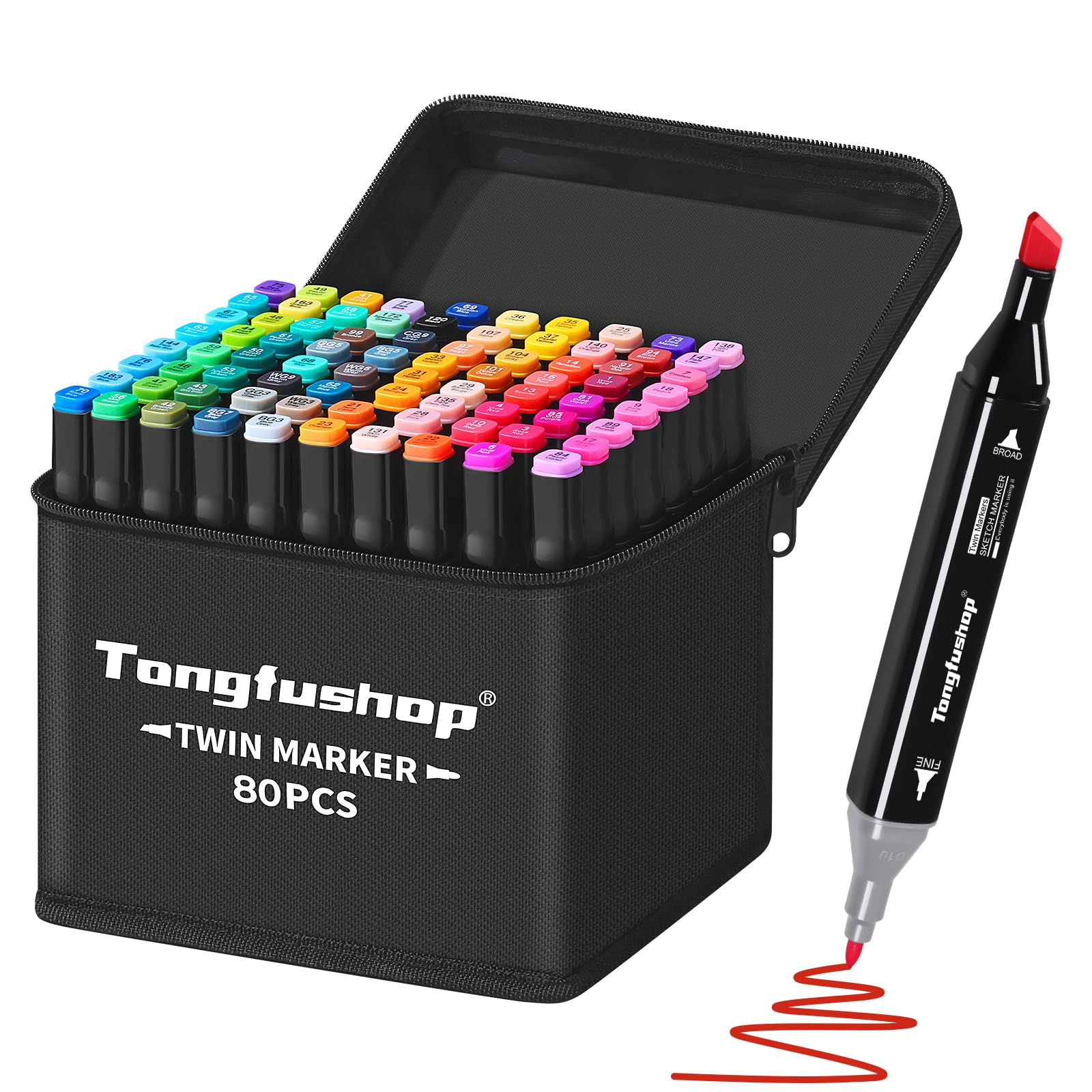 Tongfushop 80 Colored Marker Set, Colouring Pens for Adults, Dual Tip Art Alcohol Markers, Permanent Felt Tip Pens for Drawing, Sketching, Anime, Manga, Fun doodling with Carrying Case & Storage Base