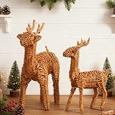 Bucherry 2 Pcs Rattan Woven Christmas Reindeer Decor | Brown Christmas Tabletop Deer Statue Centerpiece Ornaments, Farmhouse Mantel Fireplace Living Room Bedroom Outdoor Decor