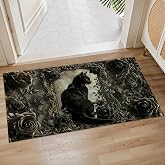 Plistiz Gothic Black Cat Indoor Door Mat, 17x29.5 Inch, Floor Area Rug for Entryway, Living Room, or Bathroom, Non-Slip Doormat, Dark Rose and Vintage Frame Theme Design Home Decor Rug Gifts