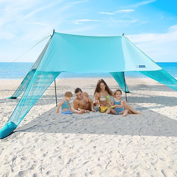 LARGE PORTABLE BEACH SHADE- 15X10FT, EASY SETUP, UPF50+ PROTECTION, ULTRA-STABLE, GULL-WING BEACH TENT
