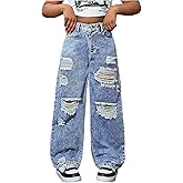 OYOANGLE Girl's High Rise Streetwear Ripped Baggy Jeans Wide Leg Casual Distressed Denim Pants