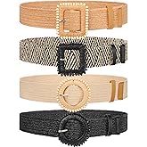 WILLBOND 4 Pcs Straw Woven Belt Elastic Stretch Rattan Buckle Waist Belt Women Skinny Raffia Dress Waist Band