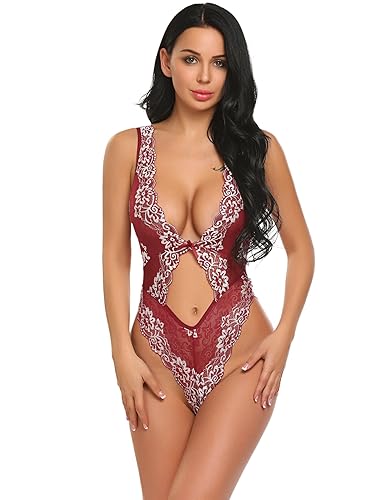 Skine Bodysuit Sexy Dessous Damen Erotik Babydoll Spitze One Piece Lingerie Bodysuit Halter Reizwäsche Hoher Taille Unterwäsc
