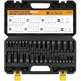 36-Piece Impact Hex Bit Socket Set Includes Socket Adapter, 1/4", 3/8", 1/2", SAE and Metric, H2-H19 &amp; 3/4"-5/64", Cr-V Steel, Reinforced Storage Case, Automotive Mechanic Professional Tool Set