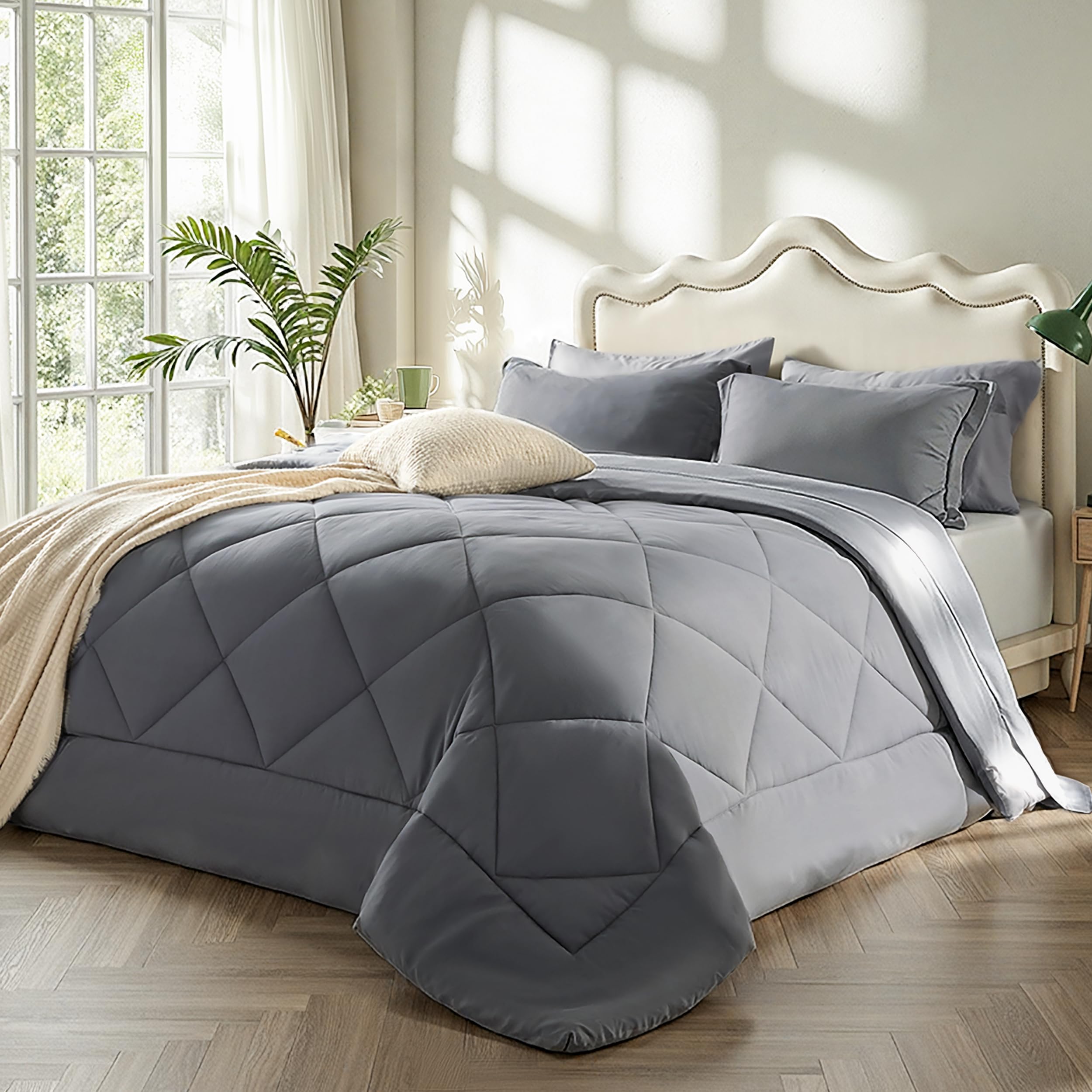 Photo 1 of Bedsure King Size Comforter Set - 7 Pieces Reversible Grey Bedding, King Size Bed Set for All Seasons, Bed in a Bag with Down Alternative Comforter, Sheets, Pillowcases & Shams