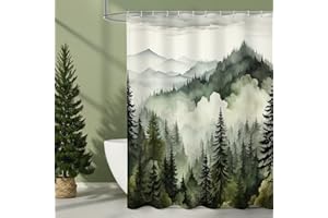 Litabel Dark Green Misty Pine Forest Shower Curtain, Mountain Foggy Woodland Scenery Tree Shower Curtains for Chic Rustic Bathroom, Abstract Modern Waterproof Nature-Themed Decor, 72x72 Inches