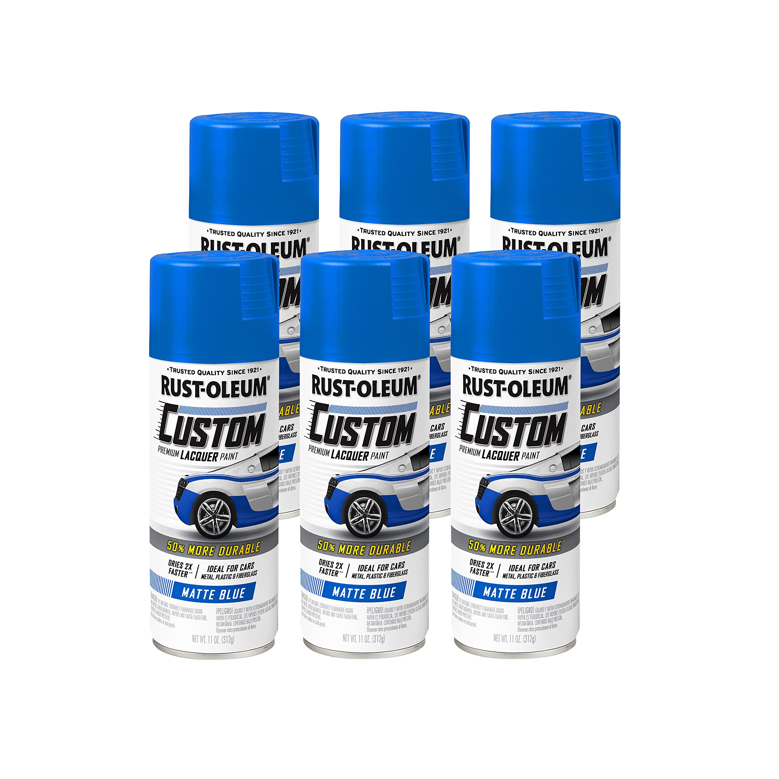 Rust-Oleum 311485-6PK Automotive Custom Lacquer Spray Paint, 11 oz, Matte Blue, 6 Pack