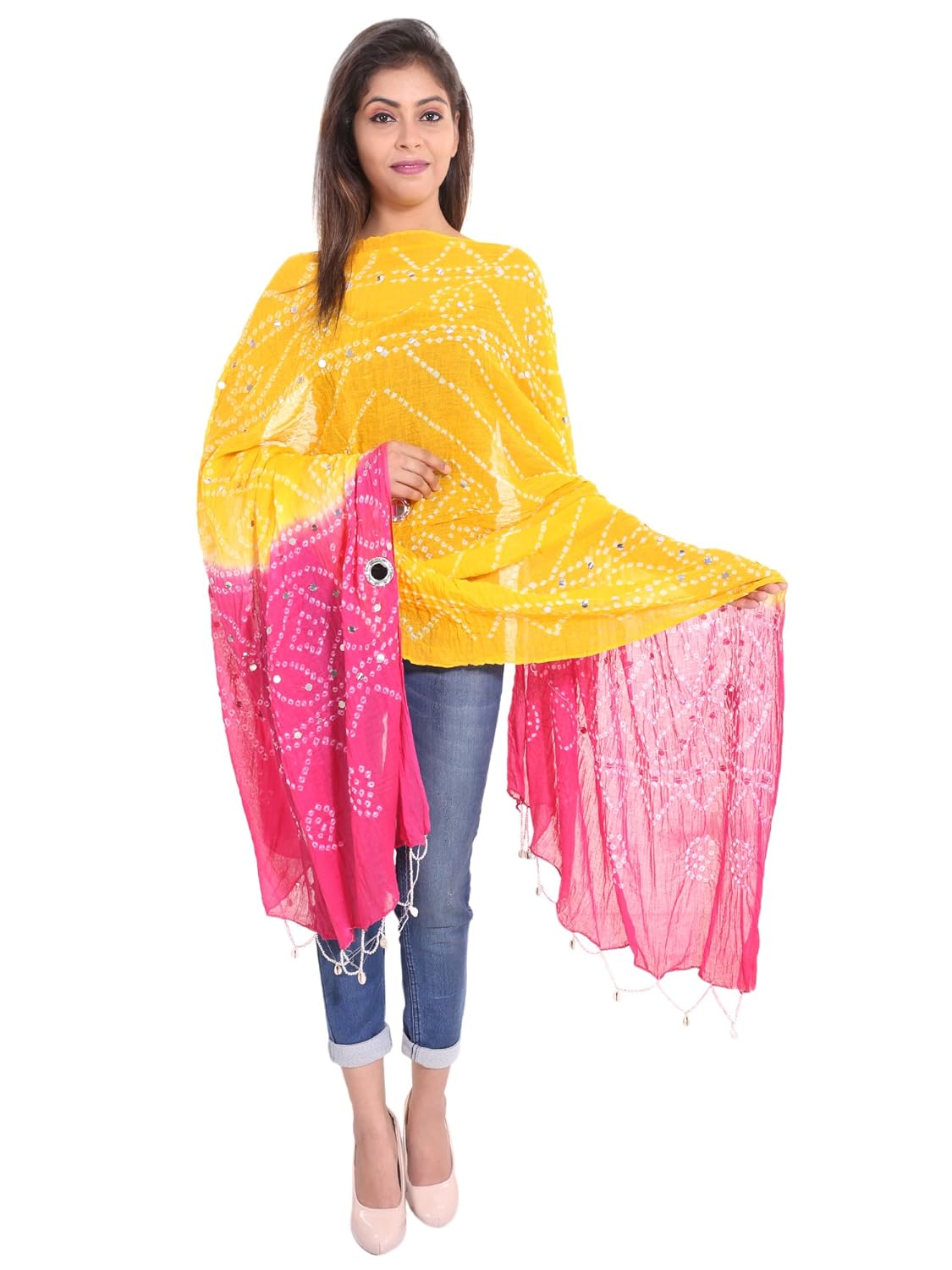 zaributi cotton bandhani dupatta with mirror work