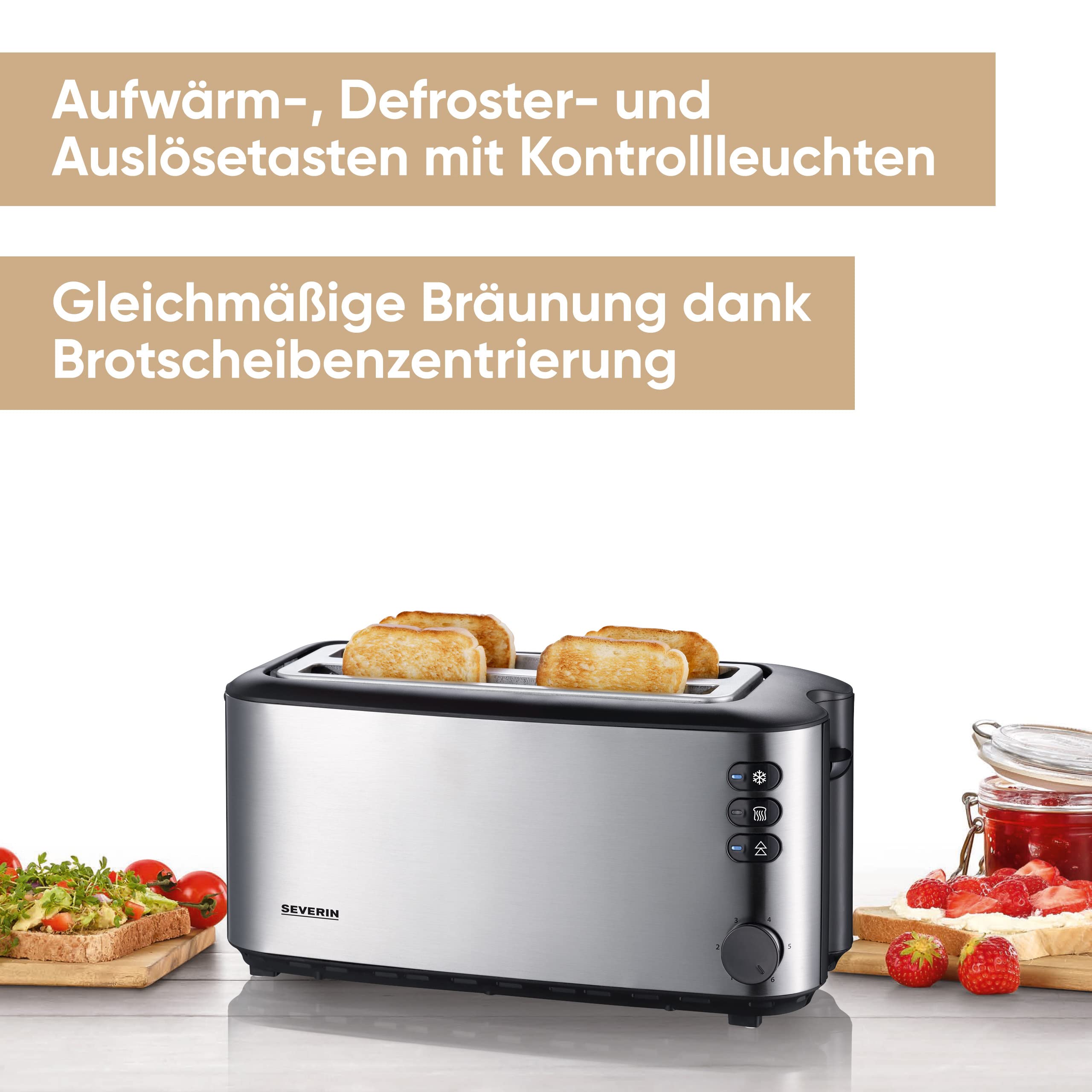 Severin Doppel-Langschlitztoaster mit eingebautem Brötchen-Aufsatz, für 4 Brotscheiben, Brotscheibenzentrierung, Aufwärm- und Defroster-Stufe, Edelstahl gebürstet, schwarz, 1.400 W, AT 2509 3