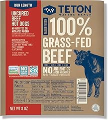 Teton Waters Ranch Bun Length Uncured Beef Hot Dogs, 100% Grass-Fed Beef, Fully Cooked, No Antibiotics or Hormones, Certified