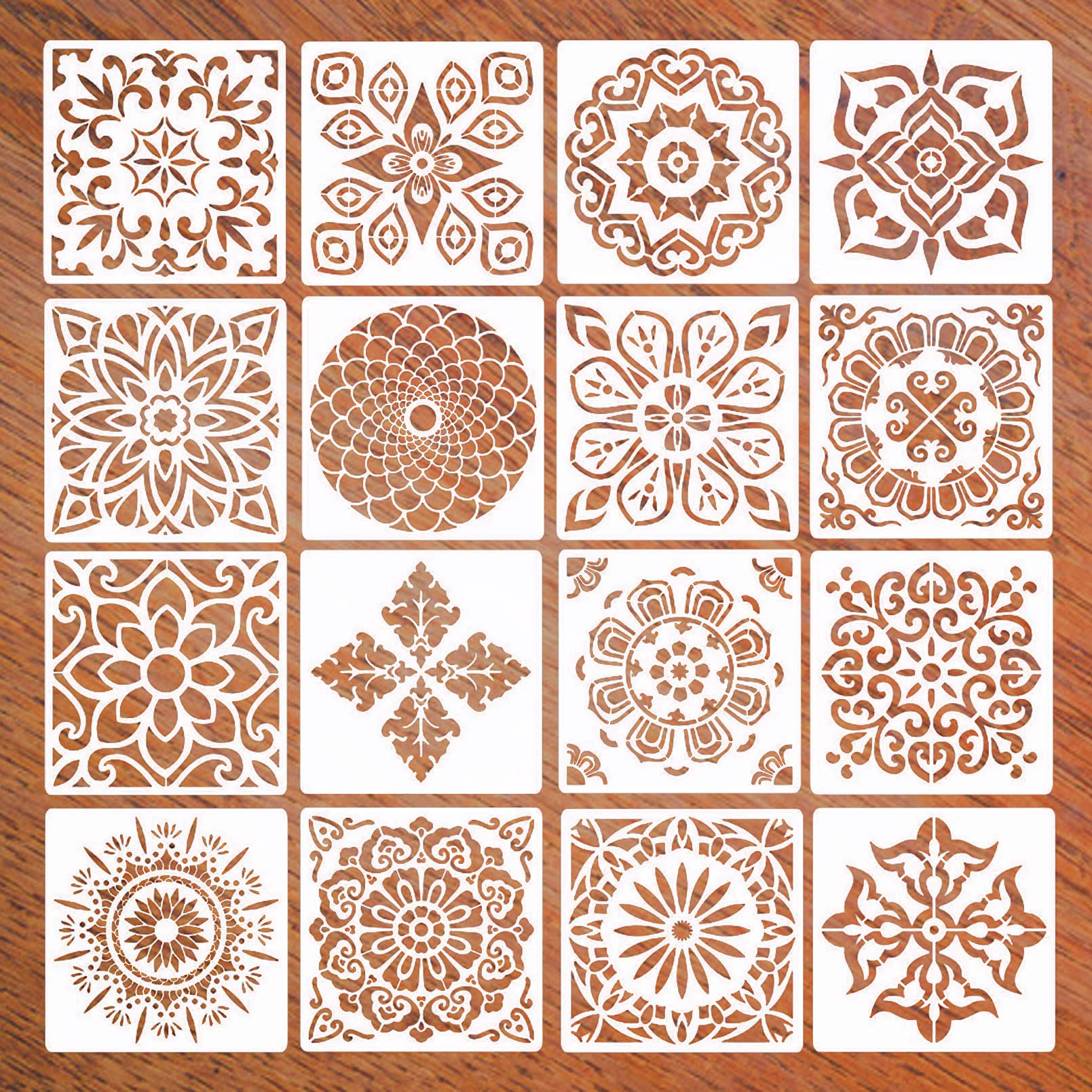 XNJIHWA 16Pcs Mandala Stencils,Mandala Pattern Reusable Stencils Laser Cut DIY Painting Template for Art Scrapbook Walls,Doors,Furniture,15 x 15 cm