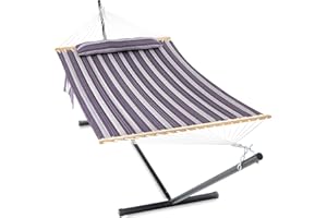 GAFETE 2 Person Hammock with Stand for Outside, 12ft Heavy Duty Steel Stand, Double Quilted Hammocks, Extra Large Removable Pillow, Side Pockets, Outdoor & Indoor, Max 475 lbs Capacity (Mountainside)