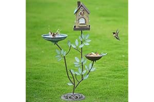 HLQMFHT 38" H Cast Iron Pedestal Bird Baths for Outdoors,3 in 1 Metal Bird Bath Bowl with Bird Houses and Bird Feeder,Garden Yard Decor