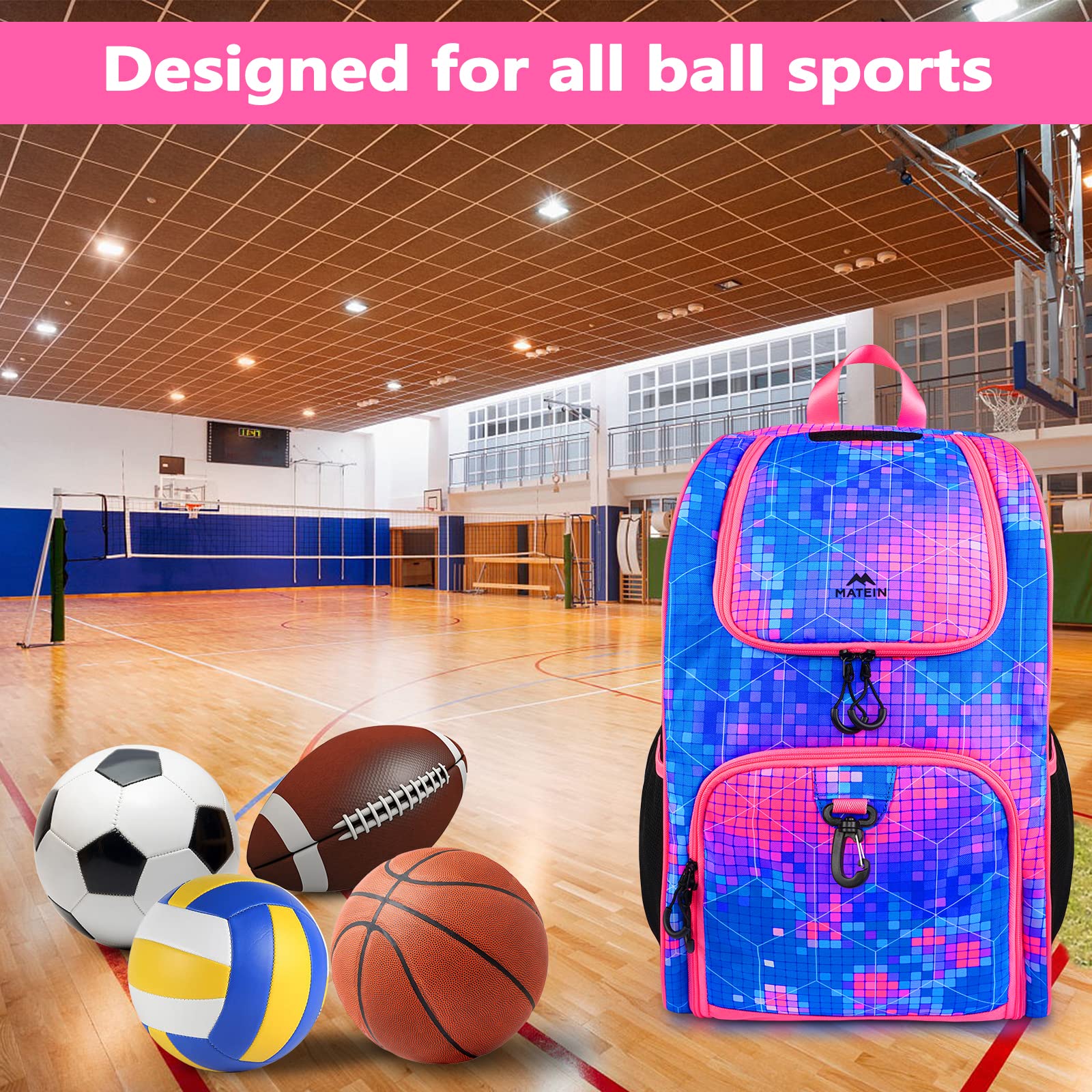 MATEIN Basketball Bag, Sturdy Soccer Bag with Ball Holder & Shoe Compartment, Large Basketball Backpack for Training Equipment, Water Resistant Sports Ball Backpack Fits Volleyball Football, Colorful