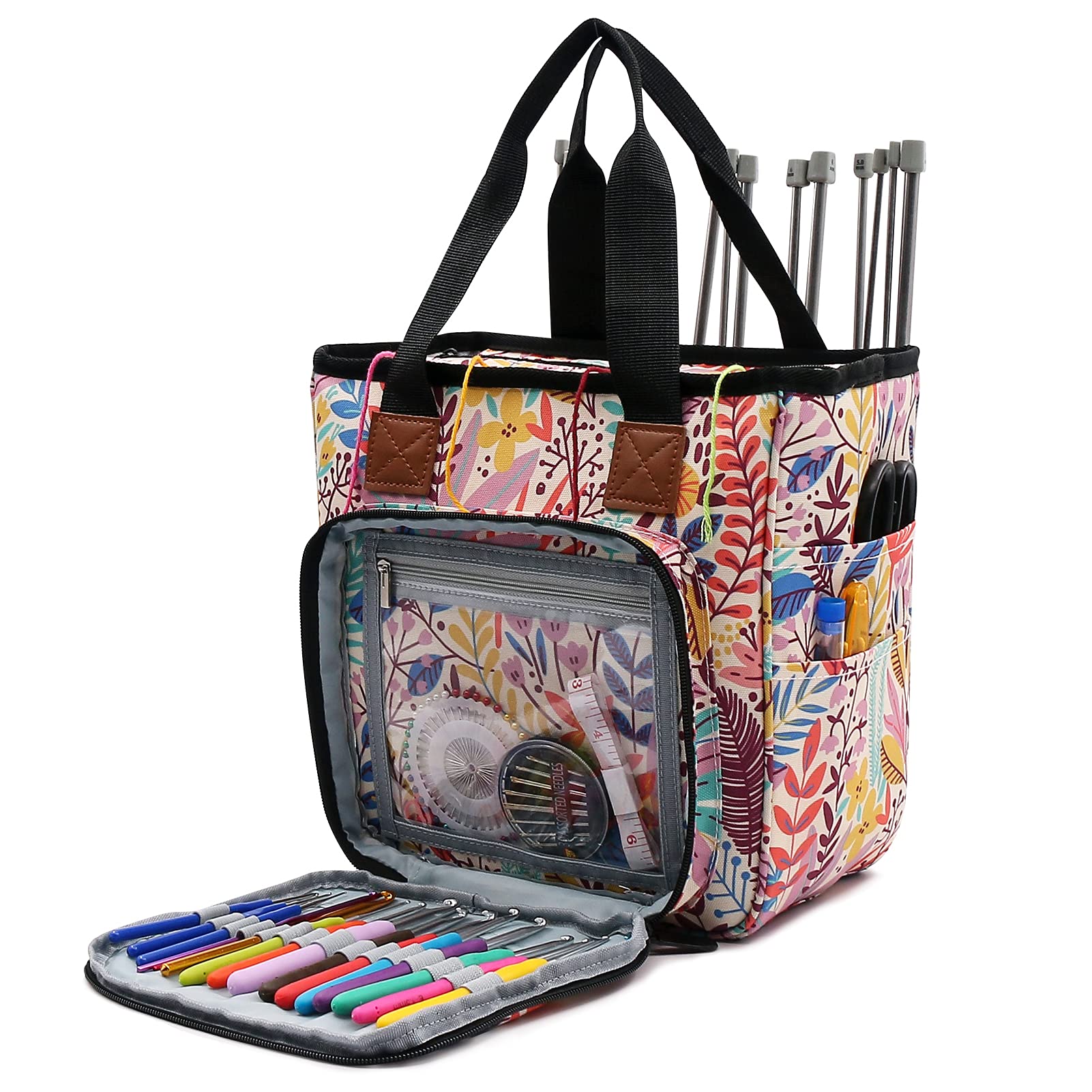 SumDirect Yarn Bag, Knitting Organizer Tote Bag Portable Storage Bag for Yarns, Carrying Projects, Knitting Needles, Crochet Hooks, Manuals and Other Accessories (Forest)