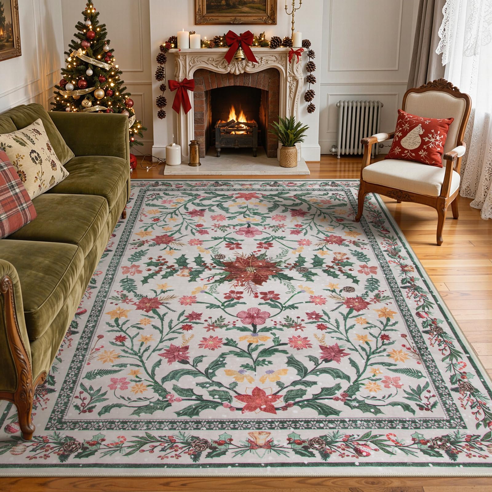 Lahome Christmas Rugs 8x10 Living Room Decor, Washable Area Rugs for Dining Room Stain Resistant, Large Thin Carpets Under Bed Couch Cottagecore Holiday Decor Image