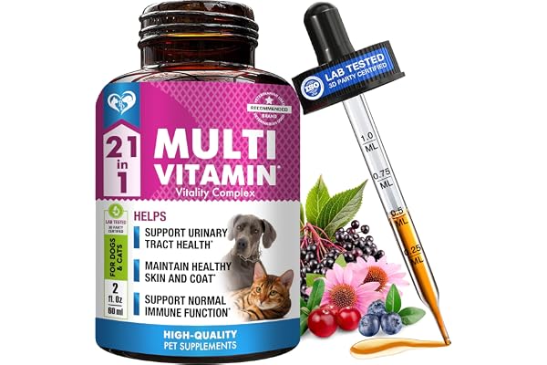 21-in-1 Multivitamin for Dogs and Cats – Liquid Drops with Glucosamine & Cranberry – Hip & Joint, Urinary Tract, Skin & Coat,