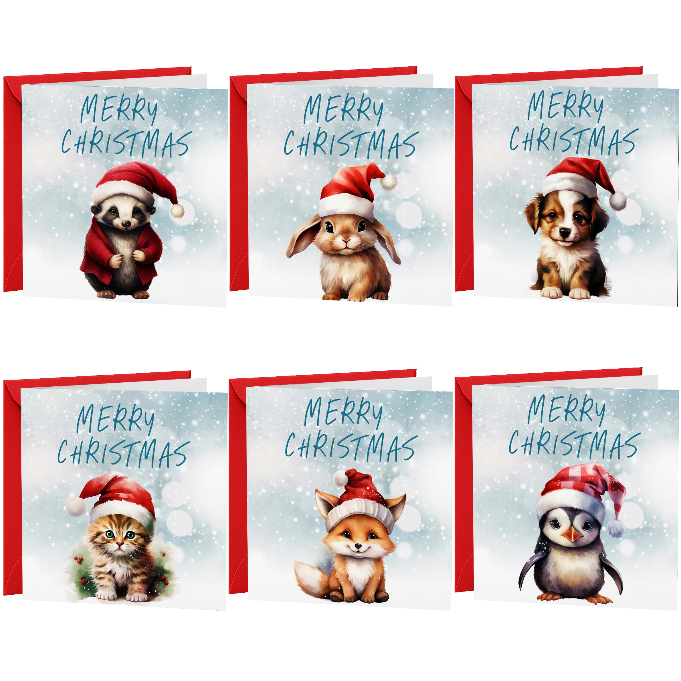 Christmas Cards 2025 | 30 Pack Xmas Cards Multipack | 6 Cute Animals In Christmas Hats Winter Animals Fox Rabbit Kitten Penguin Puppy and Badger, Festive Seasons Greetings Children, Friends and Family