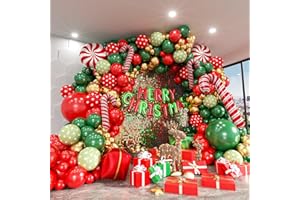 ADOINBY Christmas Balloon Arch Kit, 174Pcs Red Green Gold Latex Balloon with Candy Cane MERRY CHRISTMAS Letter Gift Box Red Candy Foil Balloon Garland Kit for Xmas Christmas Lollipop Party Decorations