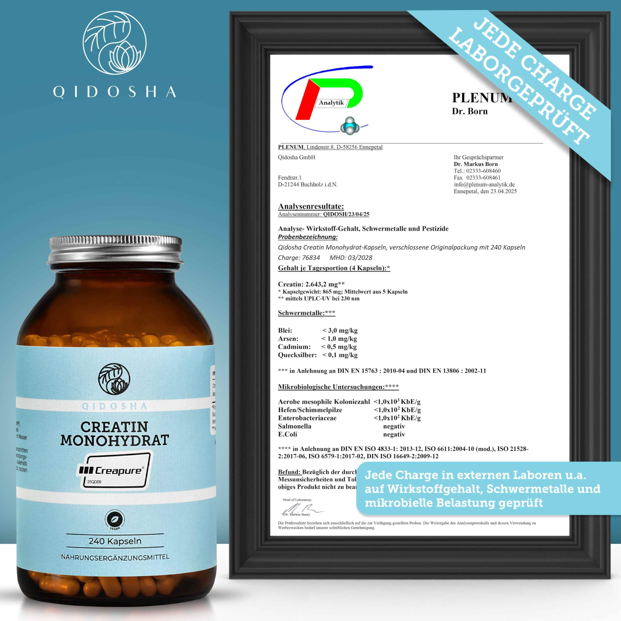 Creapure® Creatin Monohydrat von QIDOSHA®, 240 Stk im Apothekerglas, 750mg je Kapsel, jede Charge laborgeprüft, deutsche Fertigung 6