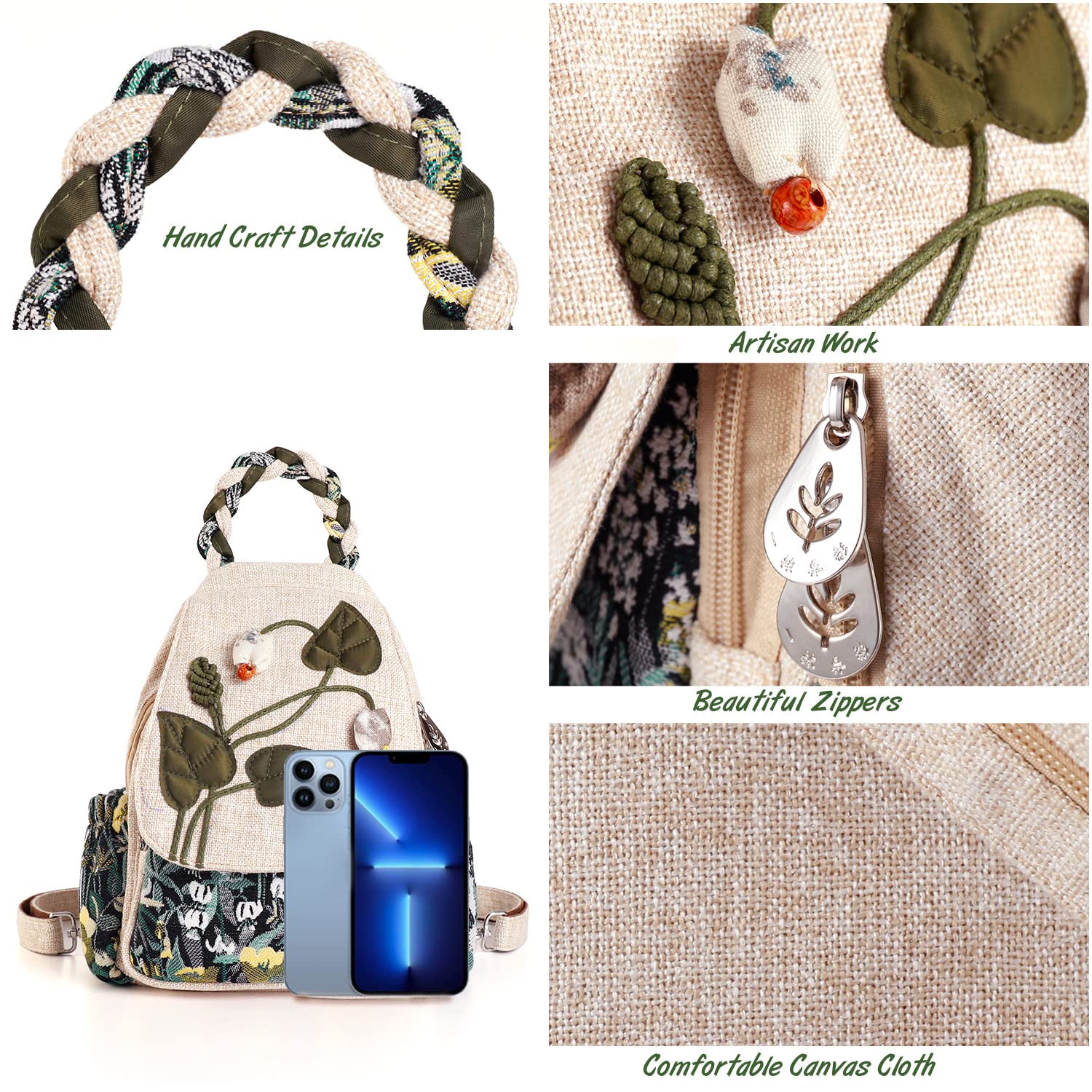 AULUDA Girl's Convertible Sling Bag, Hand Craft Artisan Purse, Beautiful Canvas Premium Casual Day Mini Backpack for Women (Green Marsh)