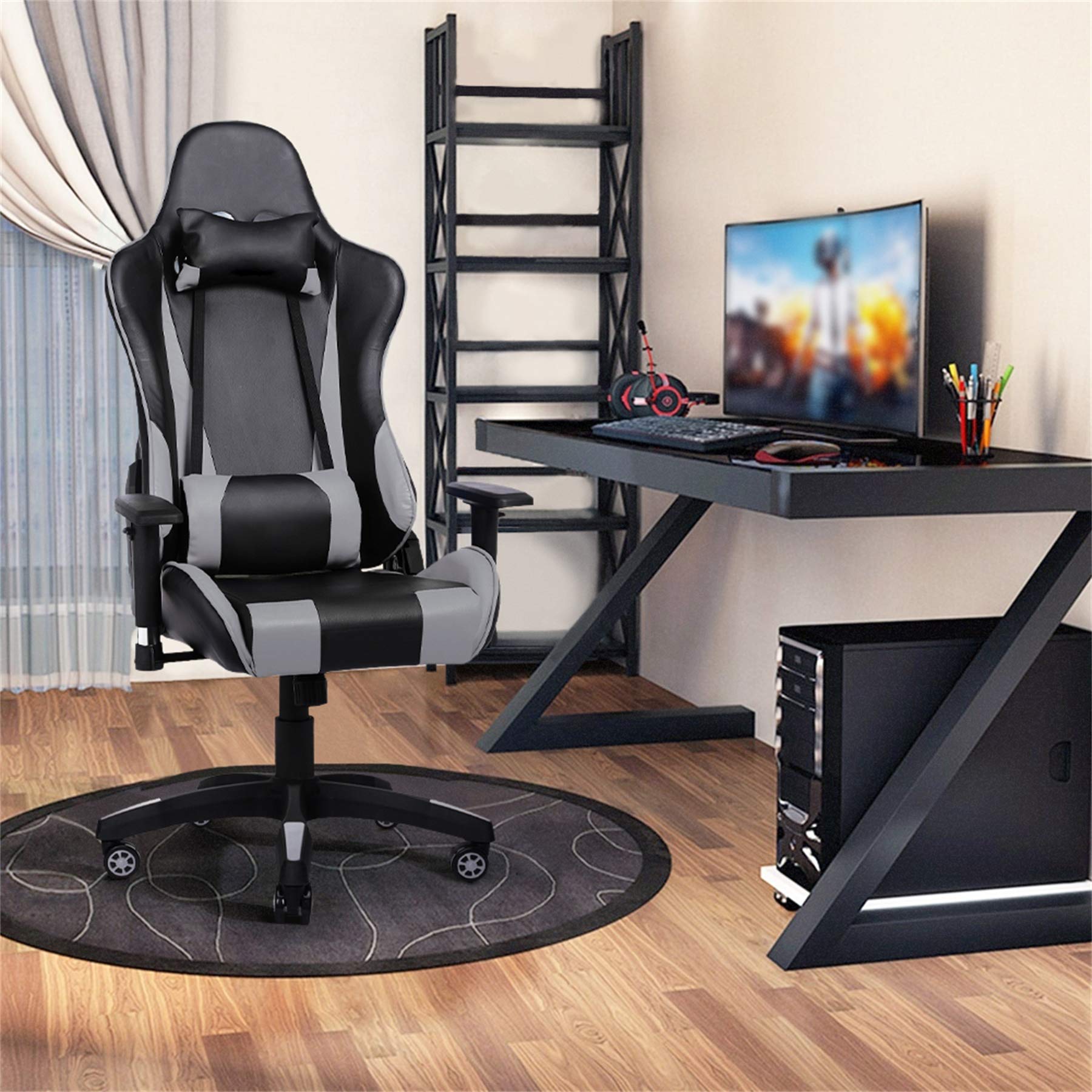 PC Gaming Chair Racing Office Computer Desk Chair Ergonomic High Back PU Leather Swivel Chair 180 Degree Adjustable with Headrest and Lumbar Support for Adults and Teens (Black)