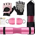 Roviutu Gym Barbell Pad Set for Squat,Hip Thrusts, Lunges, Leg Day, Standard Olympic Bar Pad with 2 Gym Ankle Safety Straps, 2 Workout Gloves, Barbell Pads, Gym Accessories for Women with Carry Bag