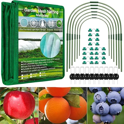 Garden Mesh Netting Kit 10 x 20 FT Garden Netting for Raised Beds with 6 Pcs Garden Hoops & 16 Pcs Garden Clips - Protect Your Climbing Plants, Vegetables, and Fruits from Animals and Birds