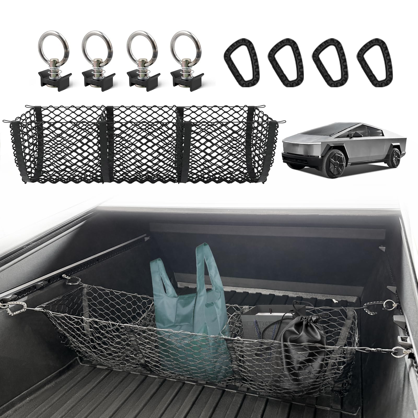 Photo 1 of (ONLY NET) BestEvMod Cargo Mesh Net for Pickup Truck Bed Compatible with Tesla Cybertruck 2025 2024 Accessories Mesh Extra Strong Hook Stretchable Trunk Organizer Cargo Net (3 Pocket, Reinforced POM Hooks)