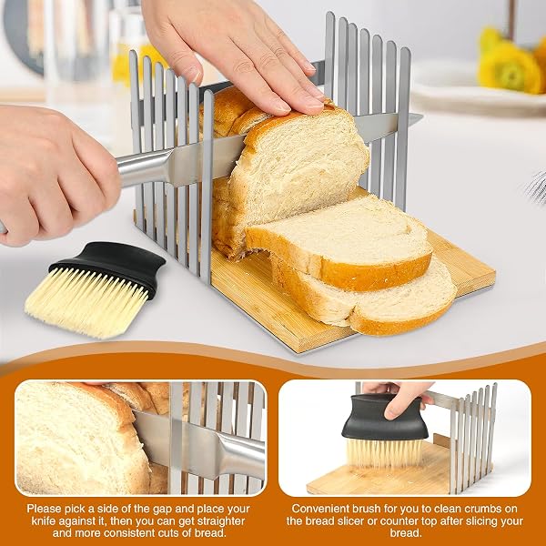 TKVAZK BREAD SLICER, STAINLESS STEEL BREAD SLICER FOR HOMEMADE SOURDOUGH BREAD, MANUAL BREAD SLICERS BREAD CUTTER WITH TOUGH BAMBOO CUTTING BOARD WITHOUT WORRY PLASTIC & WOOD SHAVING(NO KNIFE)