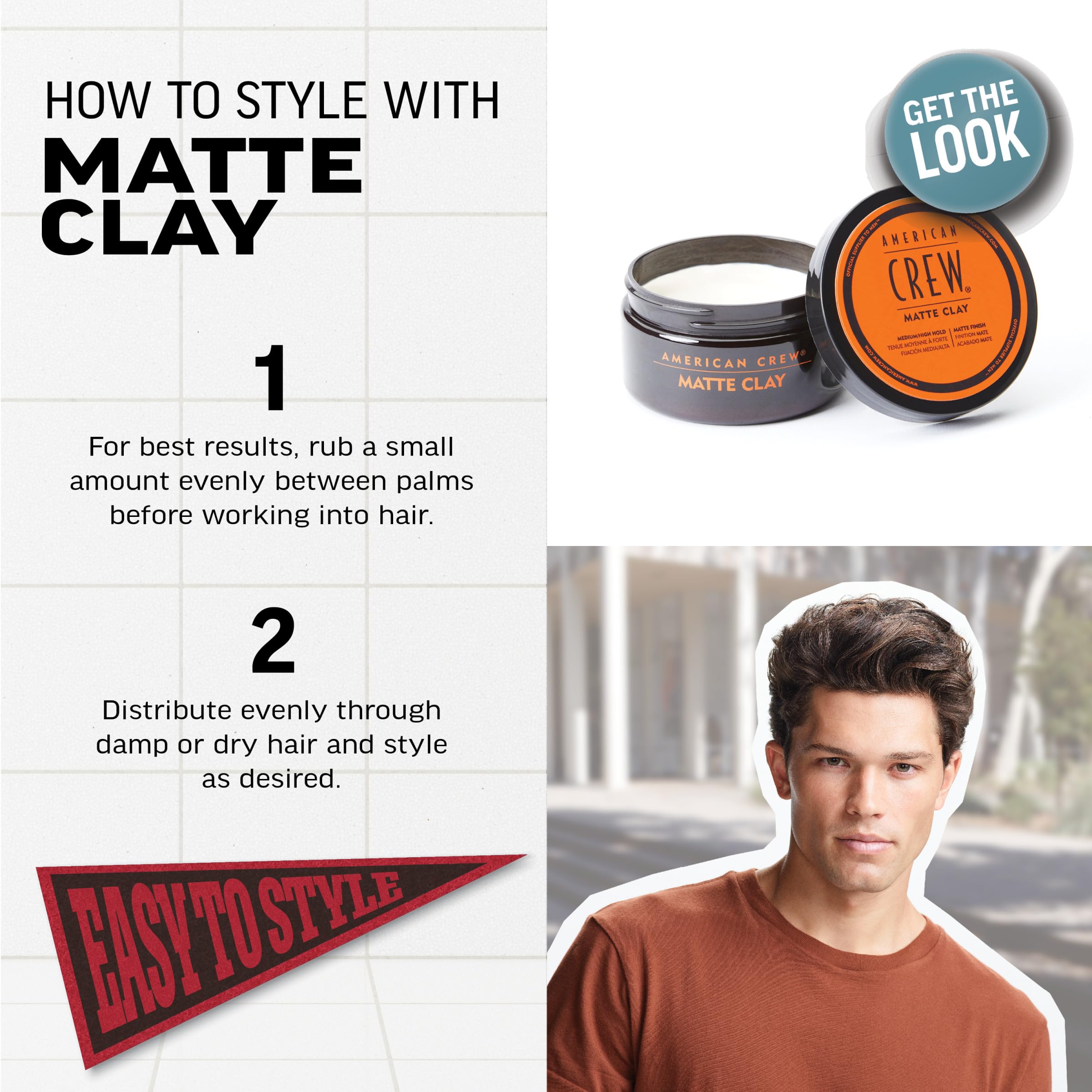 AMERICAN CREW Men's Hair Matte Clay, Like Hair Gel with Medium/High Hold, 3 oz