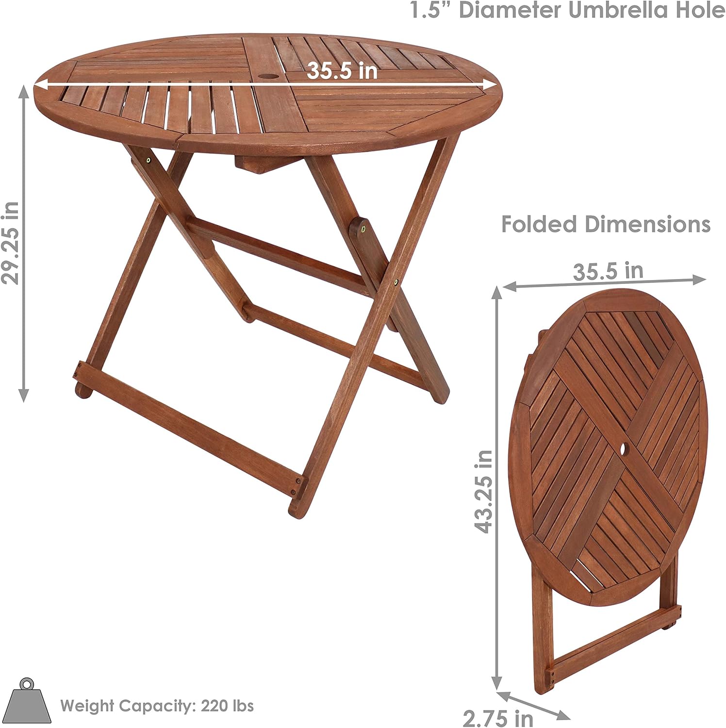 Sunnydaze Meranti Wood Folding 35.5-Inch Round Outdoor Dining Table with Teak Oil Finish - Perfect for Camping and Outdoor Entertaining - Ideal for Backyard, Front Porch, Balcony and Patio : Garden & Outdoor