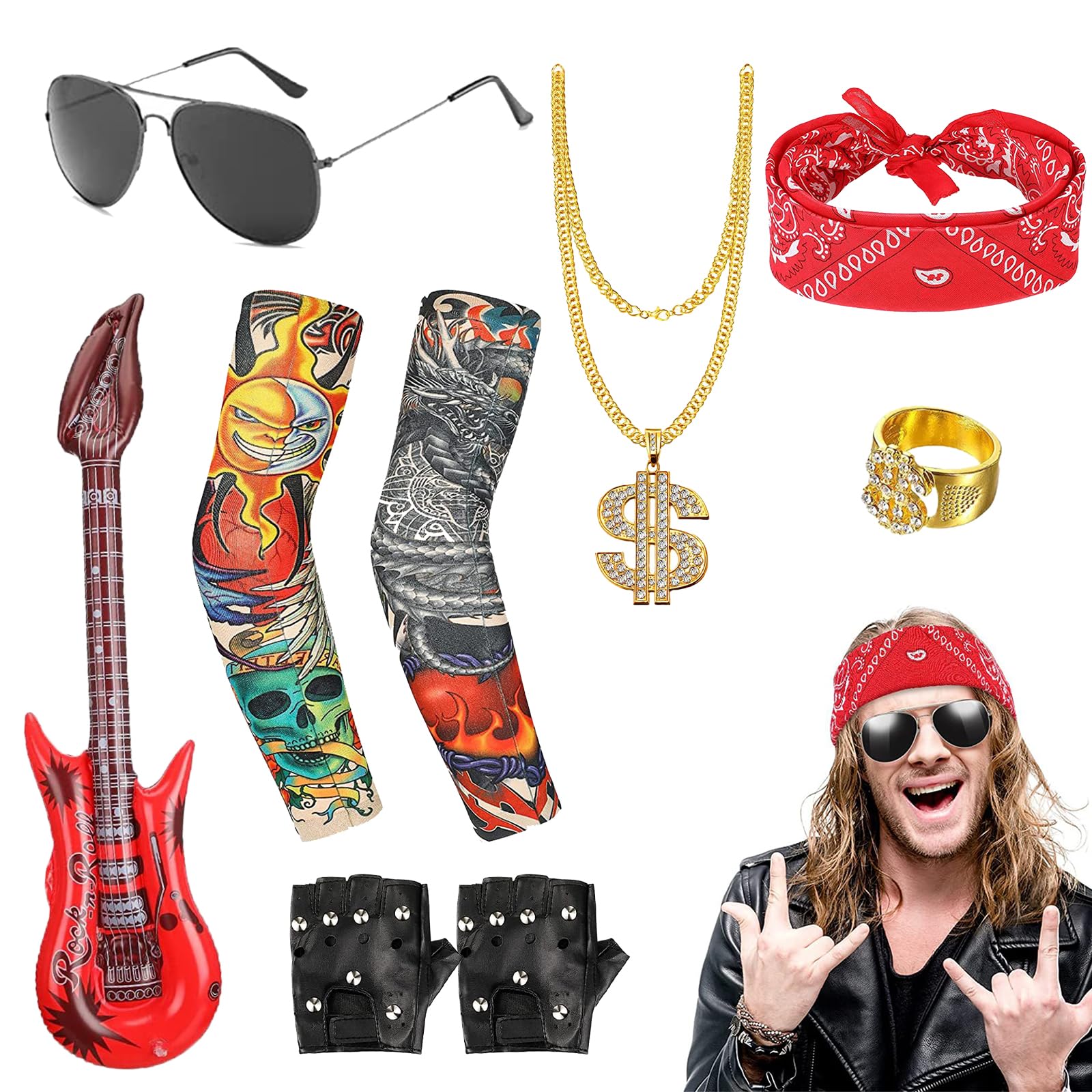 Katslyn 9 Pieces Rock Star Fancy Dress Costumes, 80s Rock Star Costume Punk Accessories For Boys, Rock Star Costume Set With Gloves Tattoo Sleeves, Gloves, Bandanas, Rings And More