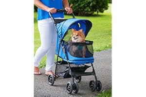 PET GEAR INC Pet Gear No-Zip Happy Trails Pet Stroller for Cats/Dogs, Zipperless Entry, Easy Fold with Removable Liner, Safety Tether, Storage Basket + Cup Holder, Cobalt