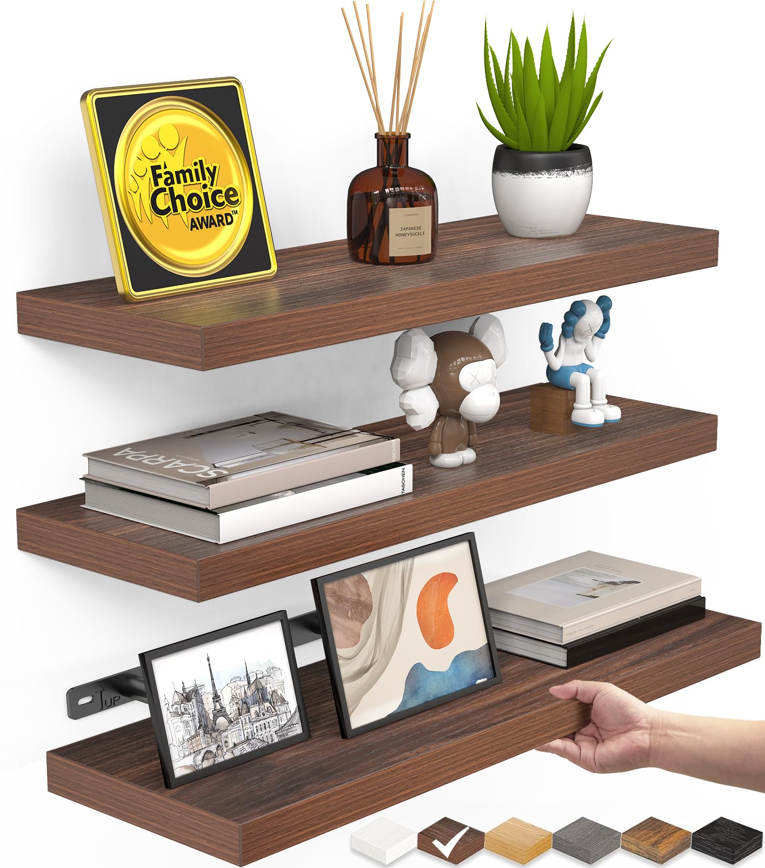 Photo 1 of BAYKA Floating Shelves for Wall, Wall Mounted Rustic Wood Shelves for Bathroom, Bedroom, Living Room, Kitchen,Small Hanging Shelf for Books/Storage/Room Decor (Walnut-Like, Set of 3, 15.7in)