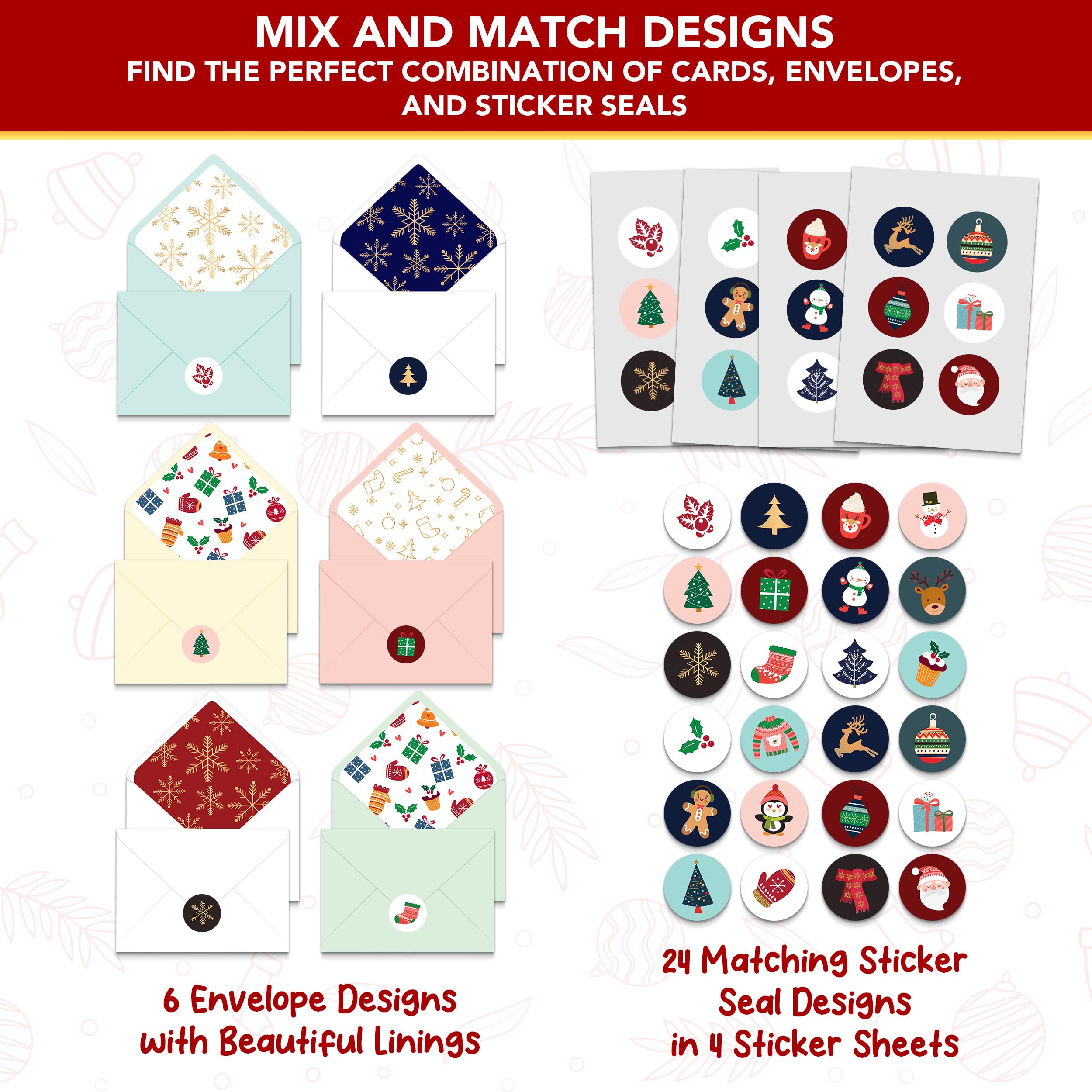 Decorably 24 Pack Foiled & Glittery 6x4in Assorted Box Christmas Cards with Envelopes and Stickers, 24 Festive Designs Christmas Card Set with Printed Message Inside