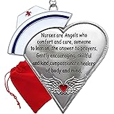 Nurse Christmas Ornament with Message - Engraved Silver Metal with Hand Painted Enamel - Nurses Hat & Heart with Angel Wings - Gift Storage Bag Included - 4"