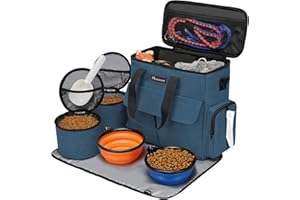 Modoker Dog Travel Bag, Weekend Pet Travel Set for Dog and Cat, Airline Approved Tote Organizer with Multi-Function Pockets, 2 Food Storage Containers, 2 Collapsible Bowls, 1 Feeding Mat (Blue)