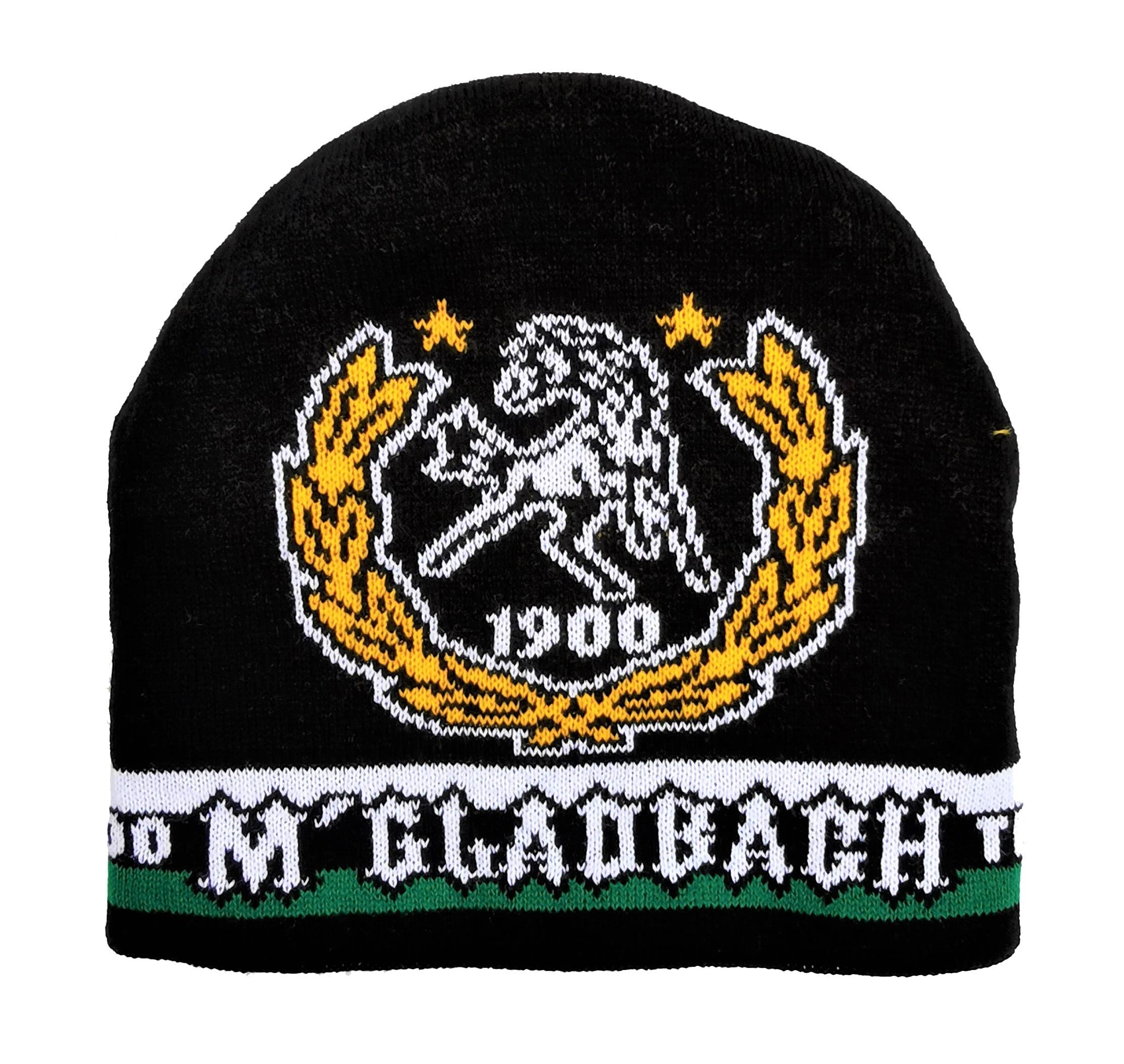 Mönchengladbach Beanie (Knitted Hat / Reversible Hat for Turning Up), Black, White, Green, Yellow, 7 1/4