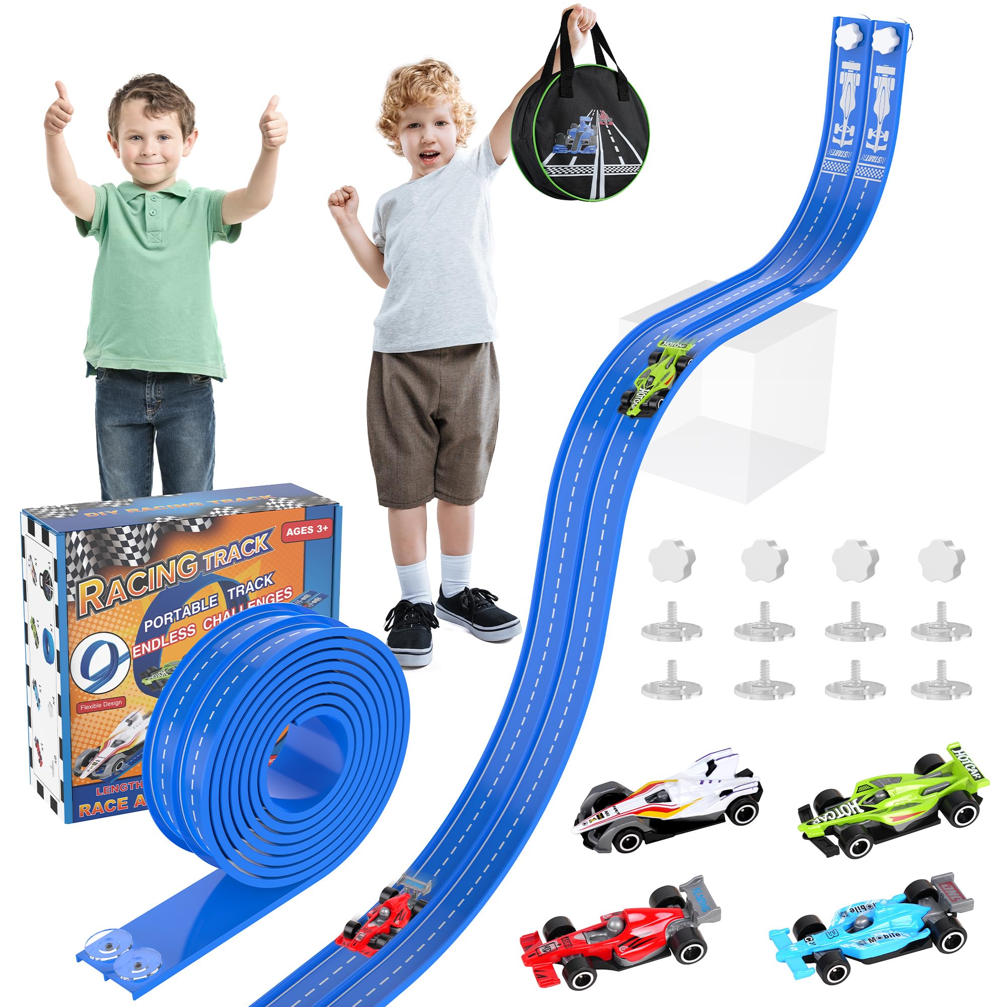 Photo 1 of 20Ft Flexible Race Track, Slot Car Race Track Set for Kids Ages 3+, Dual Racing Game 2 High-Speed Cars 1/64 Scale, w/8 Suction Cups, 4 Alloy Cars– Ideal Christmas Birthday Gift for Boys & Girls (Blue)