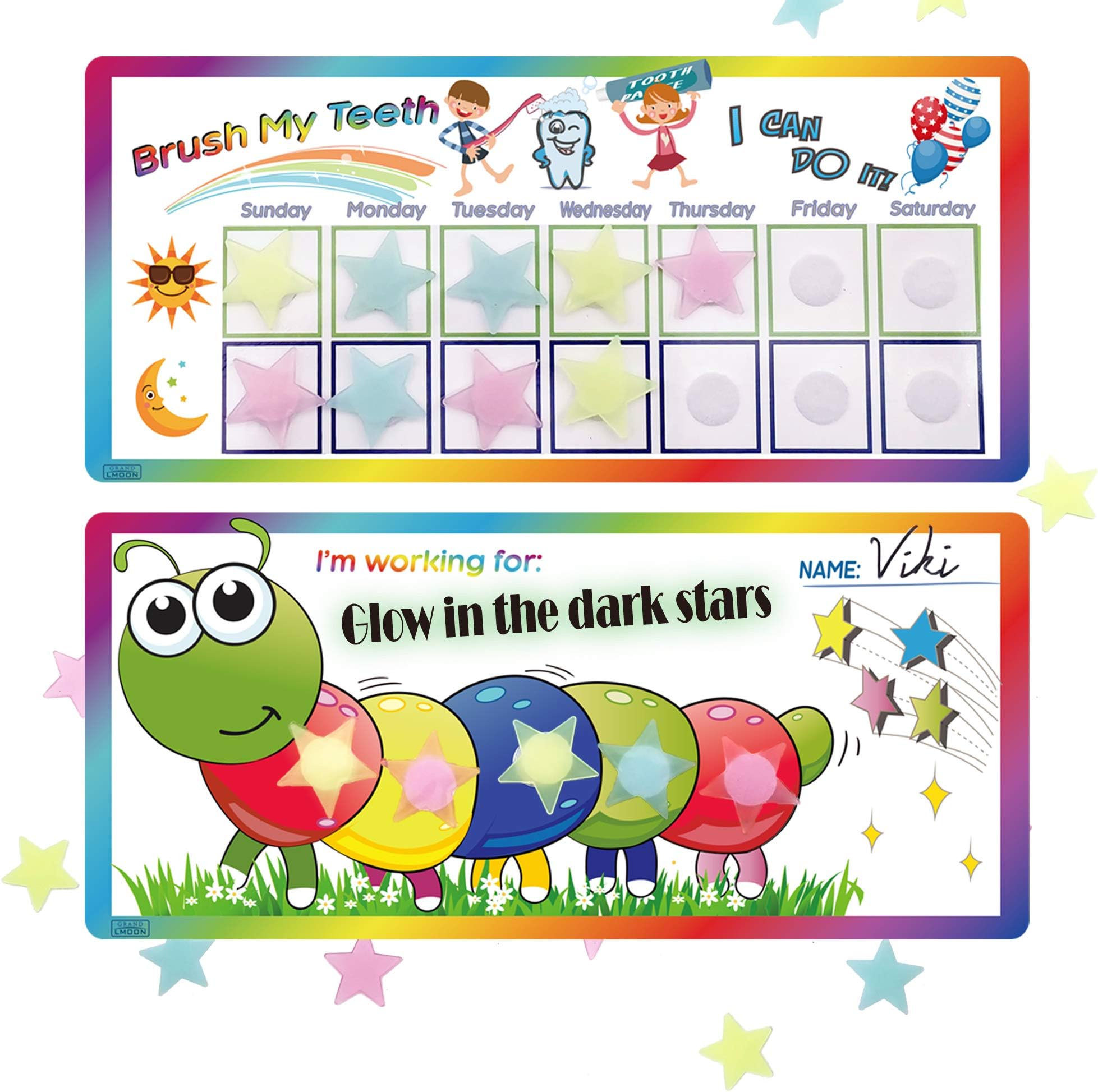 Magnetic Caterpillar Brush Teeth Reward Chart I Can Do It Behavior Incentive Chart with 25 Luminous Stars Pack (Each Chart Measures 11” X 5”)