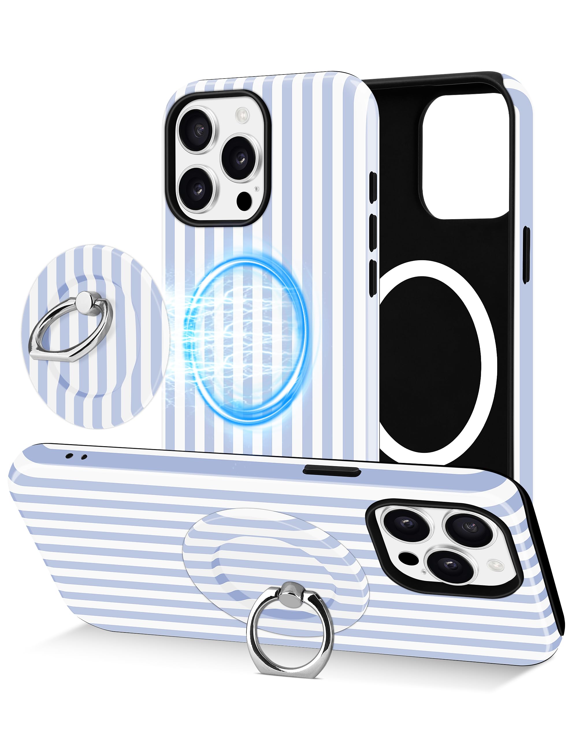 Photo 1 of Jusy Compatible with Magsafe Striped Phone Case for iPhone 16 Pro, Cute Aesthetic Magnetic Ring Holder Stand Case, Soft TPU and Hard PC Protective Phone Cover for Women Girls - Blue Striped