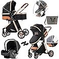 3 in 1 Baby Travel System Convertible Reversible Baby Stroller Portable Pushchair Infant Standard Pram Foldable Baby Carriage Luxury High Landscape Buggy for Newborn (MGV9-BLACKGOLD Without Base)