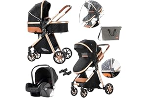 SUPPERBEBE 3 in 1 Baby Travel System Convertible Reversible Baby Stroller Portable Pushchair Infant Standard Pram Foldable Baby Carriage Luxury High Landscape Buggy for Newborn (MGV9-BLACKGOLD Without Base)