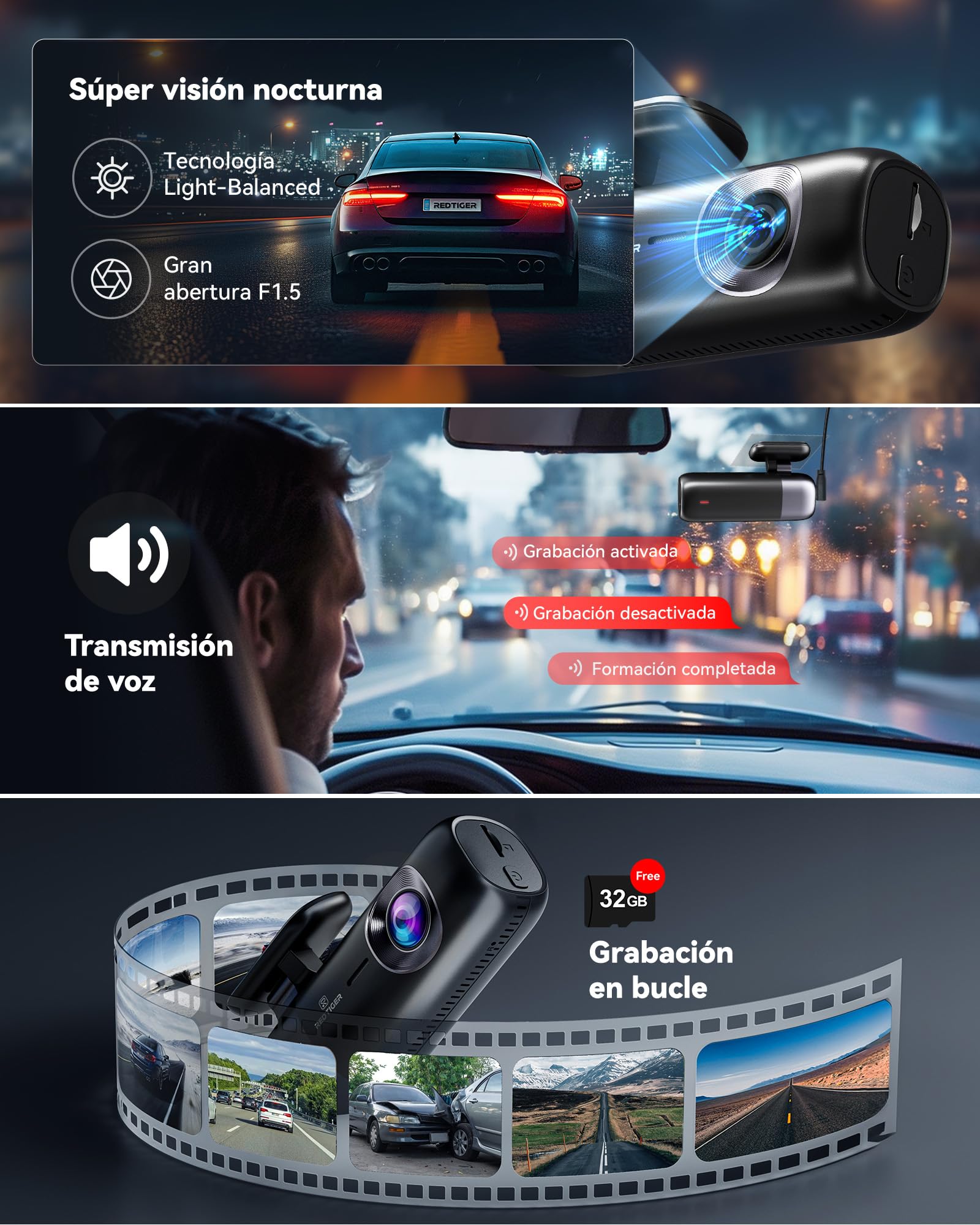 REDTIGER F9 Dash Cam 4K Front and Rear 1080P, WiFi GPS Car Camera with 32GB Card, Dual Dash Camera for Cars, Loop Recording, Night Vision, Parking Mode, Smart App Control, Support 256GB Max