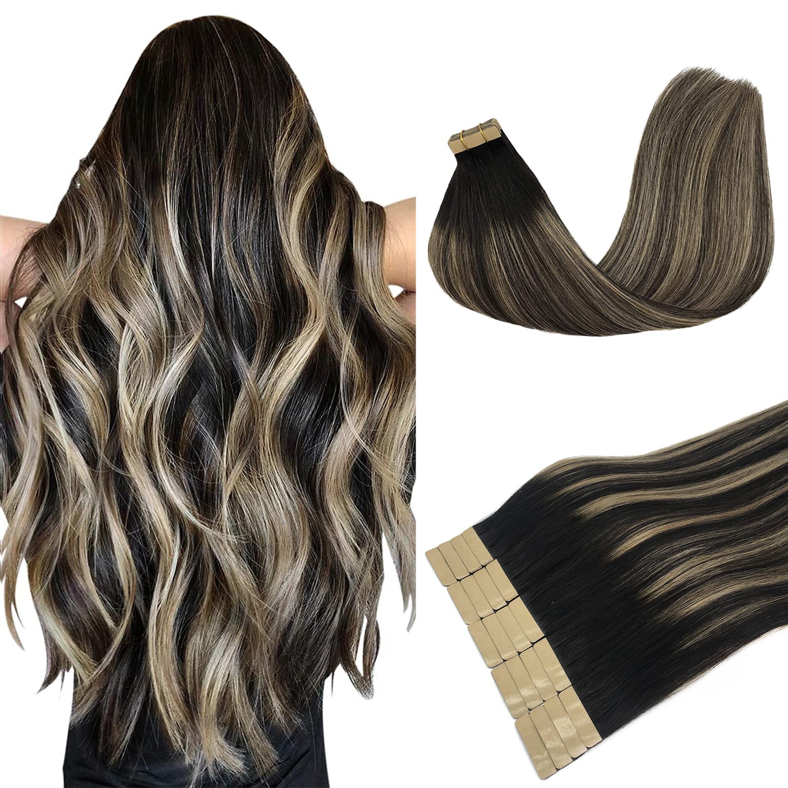 DOORES Hair Extension Tapes, Balayage Natural Black to Light Blonde, 14 inches 20pcs 50g, Tape in Extensions Real Human Hair, soft Silky Straight Weft for Party Wedding Daily Work, Reusable — image 1