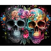 Rebotipy Colorful Sugar Skulls and Flowers Paint by Numbers Gift for Adults | art on 16x20 inch canvas with acrylic paints and 3 brushes; easy DIY project for art lovers.
