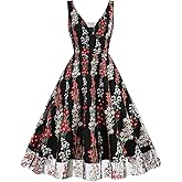 Women Keyhole Floral Embroidery Dress Sheer Mesh Illusion Vintage Cocktail Swing Dress Wedding Party Prom Tulle Evening Dress