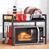 PUSDON Expandable Microwave Oven Rack, 2-Tier Countertop Baker's Rack Style Shelf, Heavy Duty Carbon Steel Stand with 3 Hooks, 160lbs Weight Capacity for Kitchen Organization, Matte Black