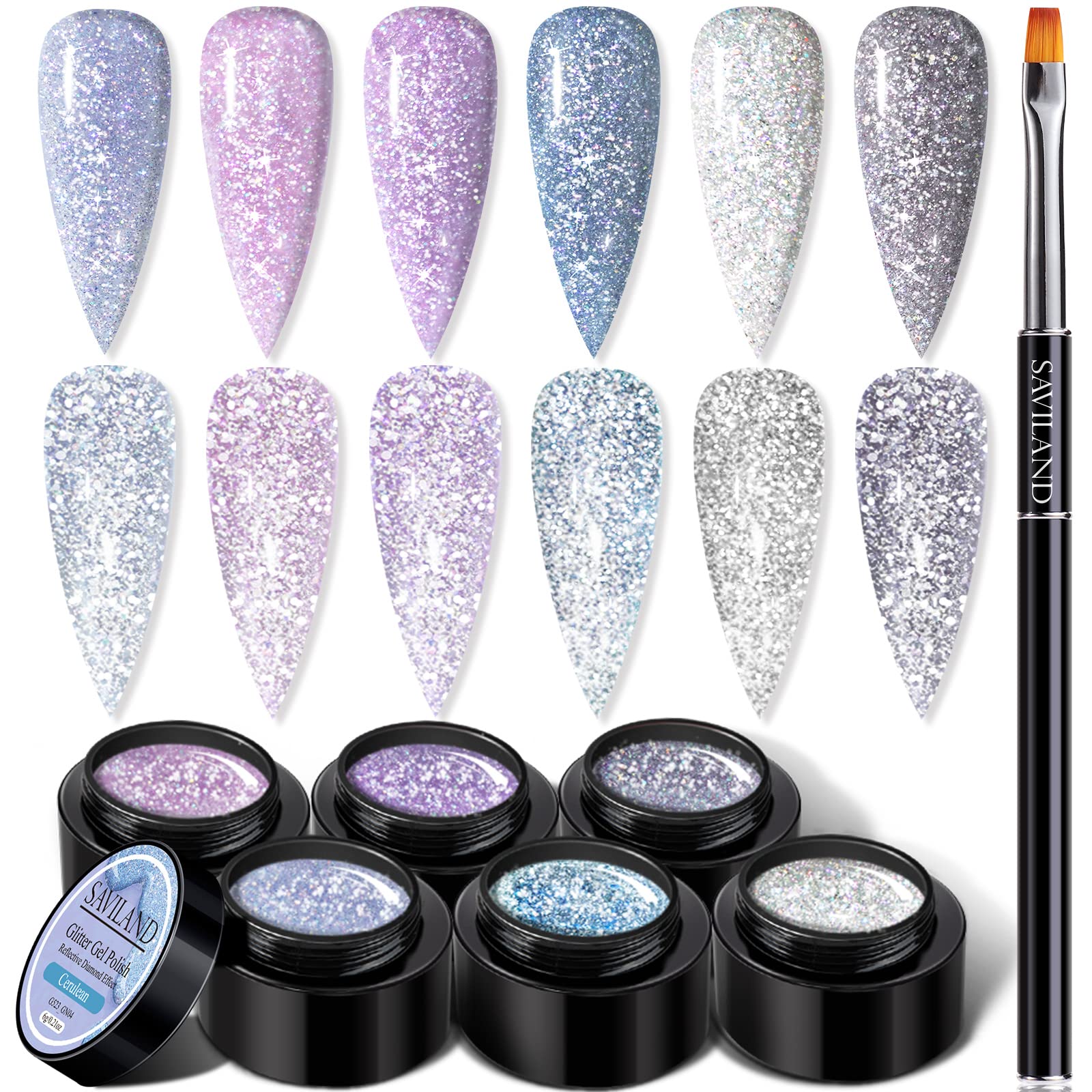 Saviland Reflective Glitter Gel Nail Polish Set - 6 Colors Super Flashing Diamond Gel Polish Set with Nail Brush, Purple Blue Black Sparkling Soak Off UV/LED Nail Gel Manicure Kit